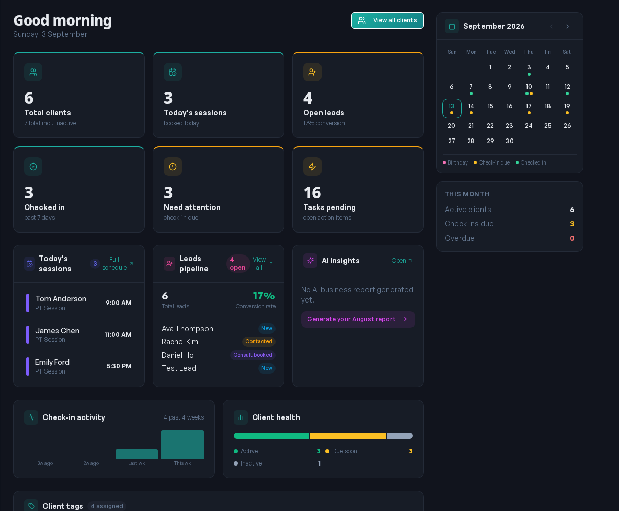 CoachLife dashboard showing today's sessions, leads pipeline, and AI insights