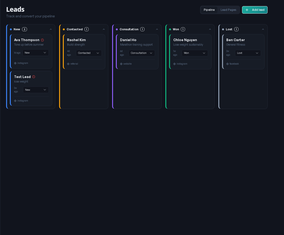 CoachLife leads pipeline showing prospects organized by stage