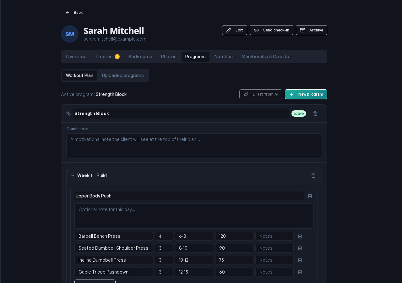 CoachLife workout program builder showing training weeks, days, and exercises